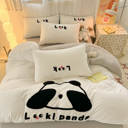 91家纺网 家纺一手货源 找家纺 （总）多乐家纺 2024新款超柔水洗棉加厚有氧提花小竺棉毛巾绣四件套-大脸猫