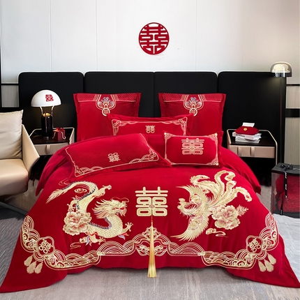 2025年新款宝宝绒牛奶绒刺绣套件婚庆四件套 盛世龙凤