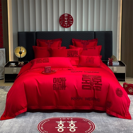 2024新款毛巾绣磨毛亲肤婚庆四件套套件 双喜