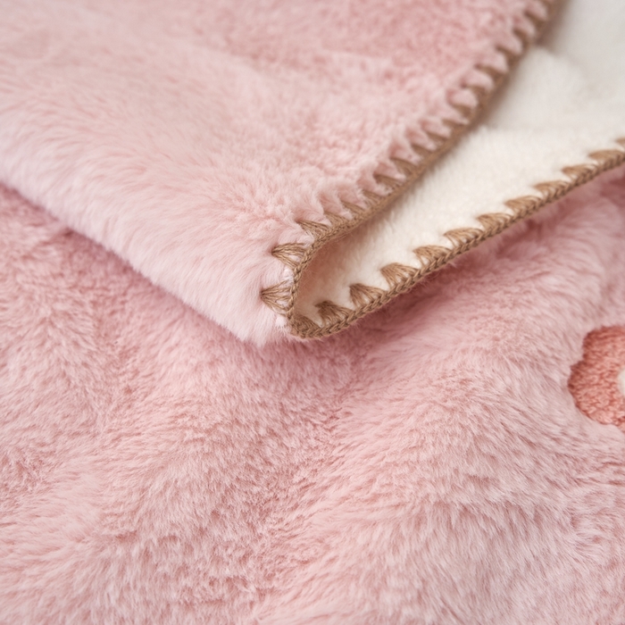 91家纺网 家纺一手货源 找家纺 黛舒家居 2024新款兔毛绒北极绒立体毛巾绣毛毯 草莓粉