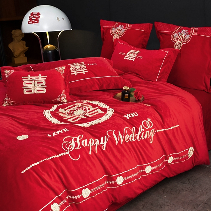 91家纺网 家纺一手货源 找家纺 2025年新款宝宝绒牛奶绒刺绣套件婚庆四件套 喜事团圆