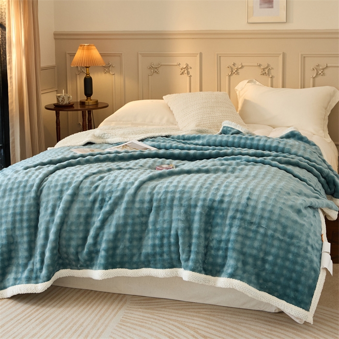 91家纺网 家纺一手货源 找家纺 金喜 2024新款牛奶绒泡泡毯子家用毛毯 牛奶绒泡泡毯-蓝