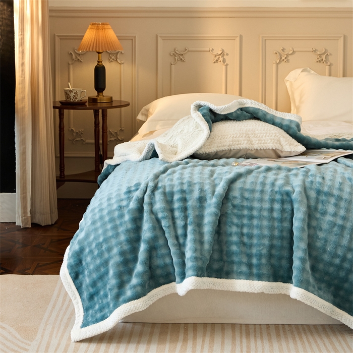 91家纺网 家纺一手货源 找家纺 金喜 2024新款牛奶绒泡泡毯子家用毛毯 牛奶绒泡泡毯-蓝