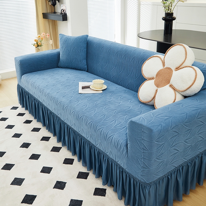 91家纺网 家纺一手货源 找家纺 丝绮鹿 2024新款雕花绒沙发套玉叶裙边款（大三人）玉叶-水蓝