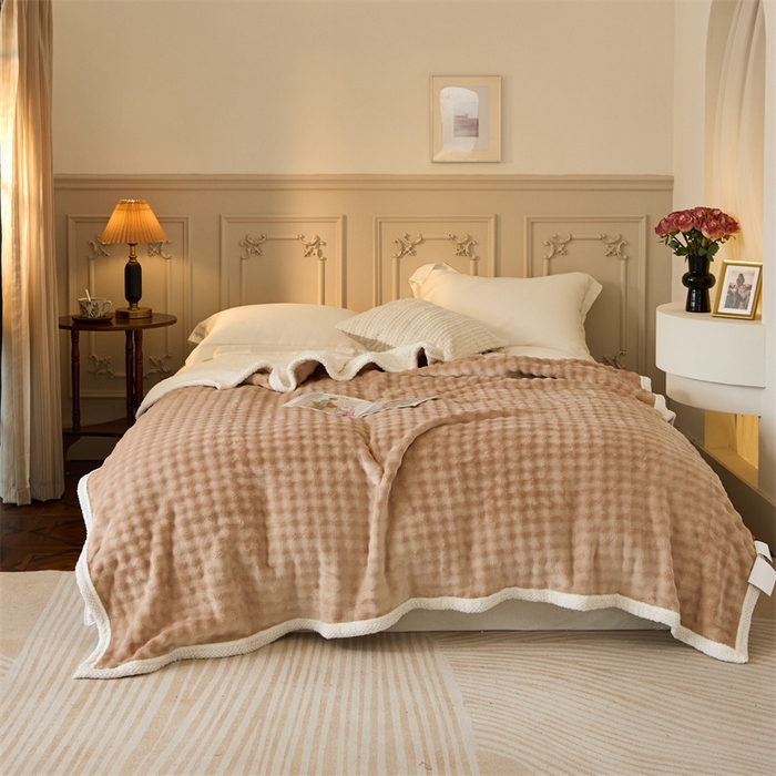 91家纺网 家纺一手货源 找家纺 金喜 2024新款牛奶绒泡泡毯子家用毛毯 牛奶绒泡泡毯-咖