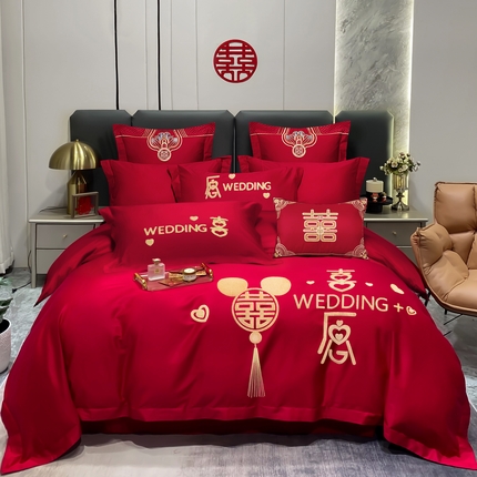 2024新款毛巾绣磨毛亲肤婚庆四件套套件 喜愿-金