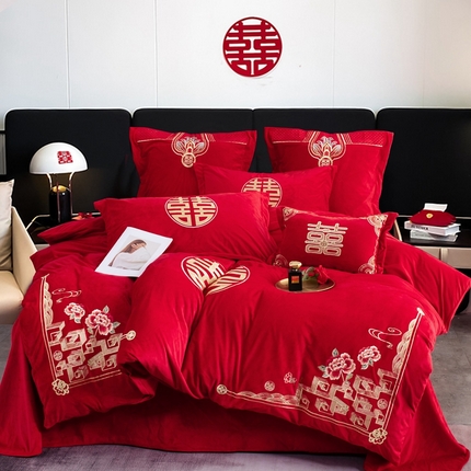 2025年新款宝宝绒牛奶绒刺绣套件婚庆四件套 喜事