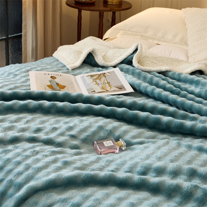 91家纺网 家纺一手货源 找家纺 金喜 2024新款牛奶绒泡泡毯子家用毛毯 牛奶绒泡泡毯-蓝