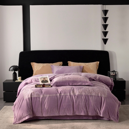 时亿家居 2024新款300g婴肤绒刺绣四件套-莫奈 莫奈-雾紫