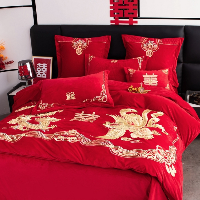 91家纺网 家纺一手货源 找家纺 2025年新款宝宝绒牛奶绒刺绣套件婚庆四件套 盛世龙凤