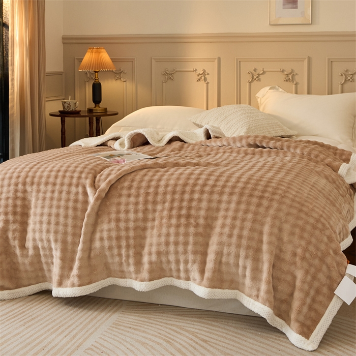 91家纺网 家纺一手货源 找家纺 金喜 2024新款牛奶绒泡泡毯子家用毛毯 牛奶绒泡泡毯-咖