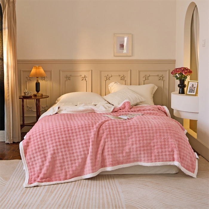 91家纺网 家纺一手货源 找家纺 金喜 2024新款牛奶绒泡泡毯子家用毛毯 牛奶绒泡泡毯-粉