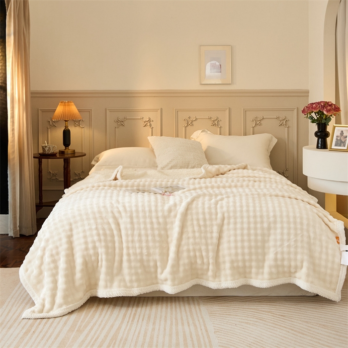 91家纺网 家纺一手货源 找家纺 金喜 2024新款牛奶绒泡泡毯子家用毛毯 牛奶绒泡泡毯-白