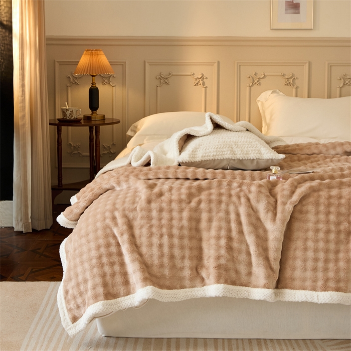 91家纺网 家纺一手货源 找家纺 金喜 2024新款牛奶绒泡泡毯子家用毛毯 牛奶绒泡泡毯-咖