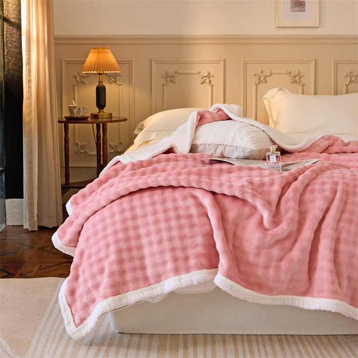 91家纺网 家纺一手货源 找家纺 金喜 2024新款牛奶绒泡泡毯子家用毛毯 牛奶绒泡泡毯-粉