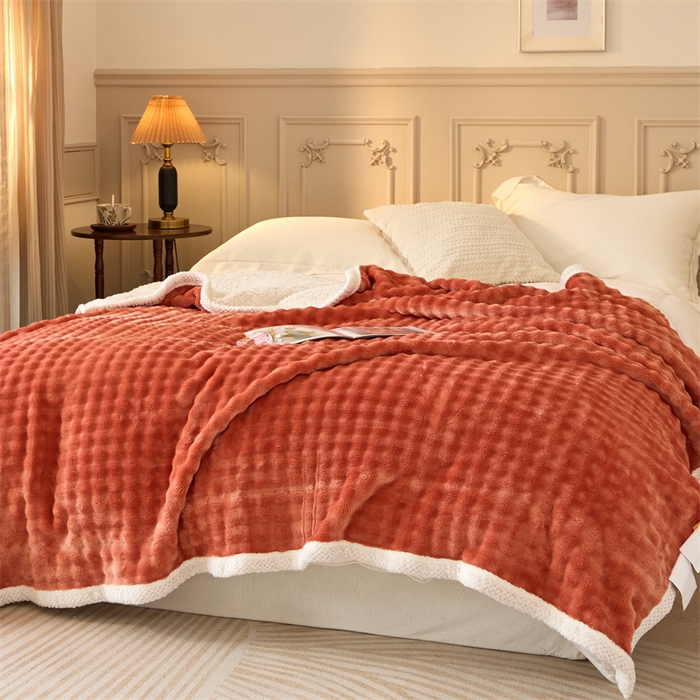 91家纺网 家纺一手货源 找家纺 金喜 2024新款牛奶绒泡泡毯子家用毛毯 牛奶绒泡泡毯-橘