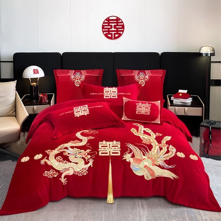 2024新款宝宝绒刺绣套件婚庆四件套 龙凤传奇
