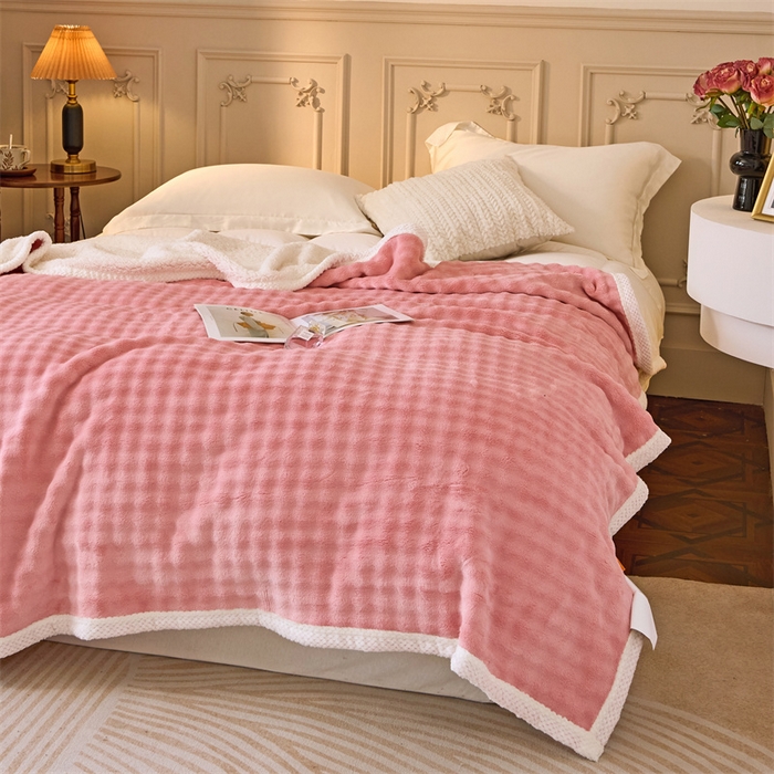 91家纺网 家纺一手货源 找家纺 金喜 2024新款牛奶绒泡泡毯子家用毛毯 牛奶绒泡泡毯-粉