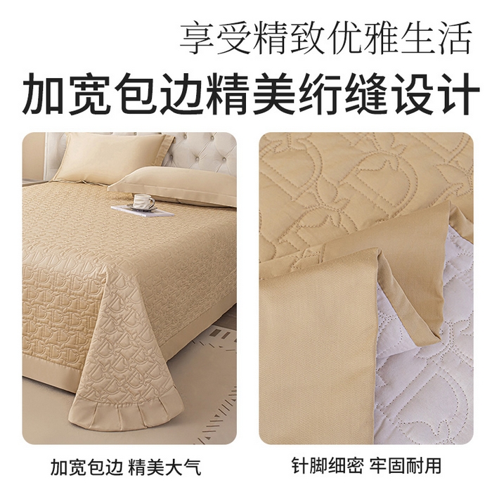 91家纺网 家纺一手货源 找家纺 金喜 2024新款100支全棉蚕丝床盖三件套D型绗缝系列 迷雾金