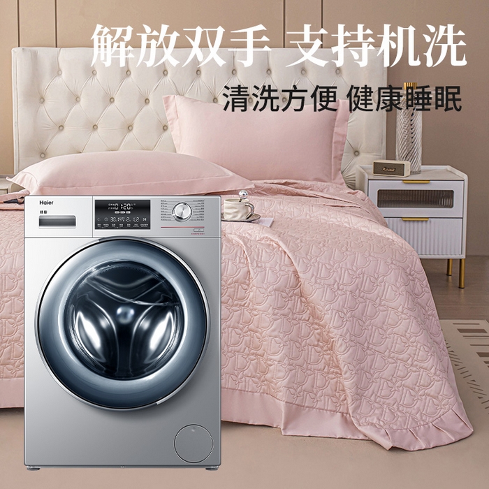 91家纺网 家纺一手货源 找家纺 金喜 2024新款100支全棉蚕丝床盖三件套D型绗缝系列 白桃粉