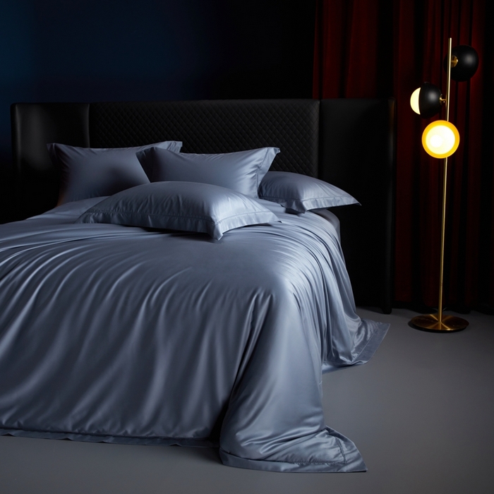 91家纺网 家纺一手货源 找家纺 缔缦 2024新款80s超细旦天丝棉陶瓷轻磨毛系列四件套-朵美 灰蓝色