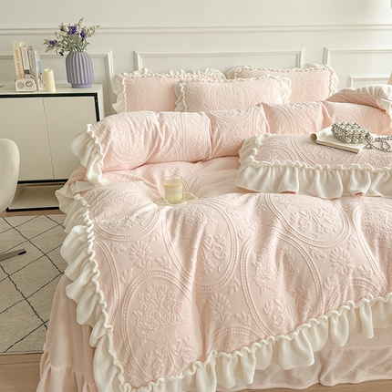 小主驾到 2024新款雕花绒牛奶绒法式轻奢公主风四件套 浪漫主义-粉色