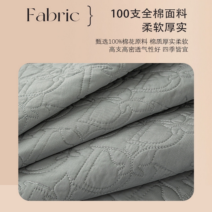 91家纺网 家纺一手货源 找家纺 金喜 2024新款100支全棉蚕丝床盖三件套D型绗缝系列 木槿绿