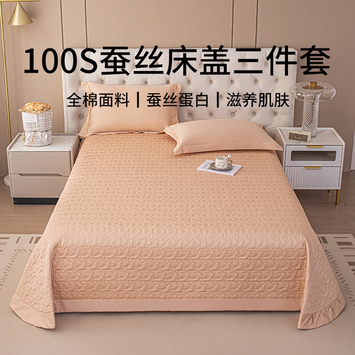 91家纺网 家纺一手货源 找家纺 金喜 2024新款100支全棉蚕丝床盖三件套D型绗缝系列 繁花橙