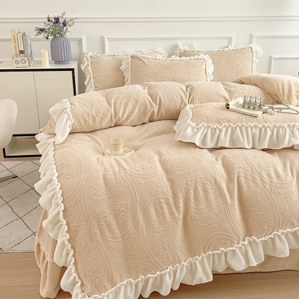 小主驾到 2024新款雕花绒牛奶绒法式轻奢公主风四件套 浪漫主义-咖色