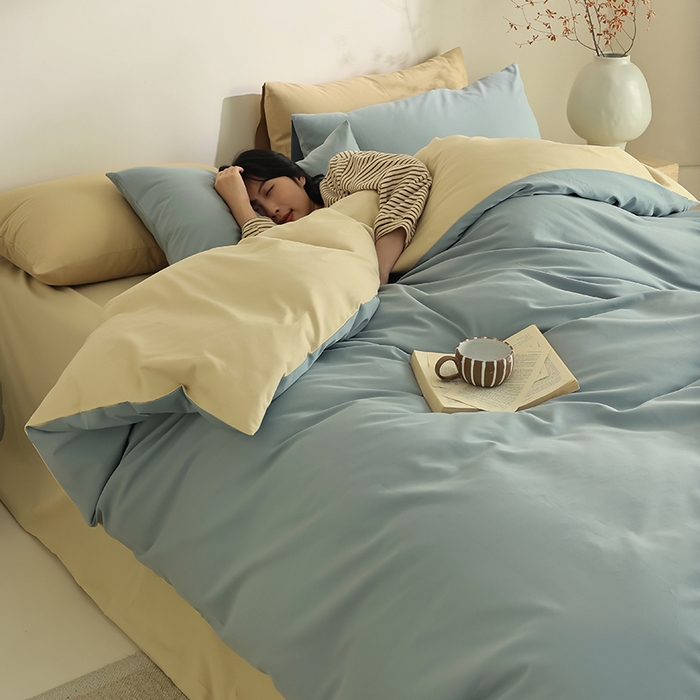 91家纺网 家纺一手货源 找家纺 轩和家居 2024新款50S长绒棉磨毛单被套 灰蓝+透明黄