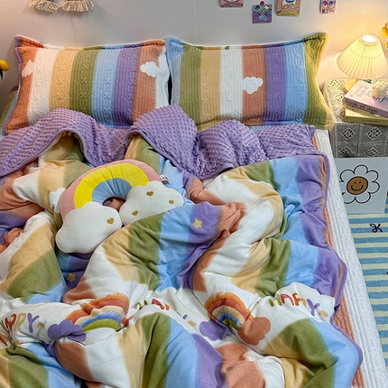 慕晨 2024新款高克重A类牛奶绒印花豆豆绒夹棉单床盖三件被套四件套 彩虹世界
