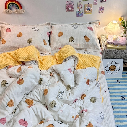 慕晨 2024新款高克重A类牛奶绒印花豆豆绒夹棉单床盖三件被套四件套 田园南瓜