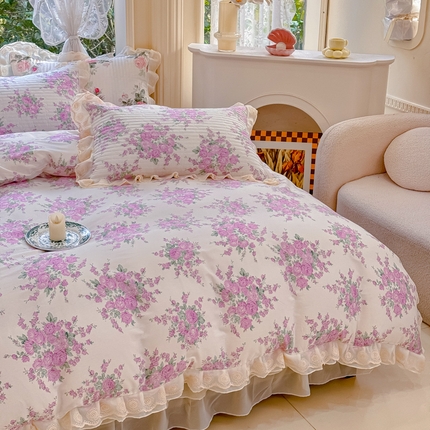 木兰花 2024新款全棉印花被套蕾丝夹棉床裙款四件套 香草