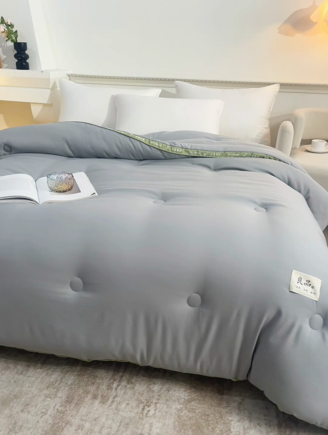 91家纺网 家纺一手货源 找家纺 凯森家纺 2024新款针织水洗棉大豆纤维立体被冬被春秋被 浅灰