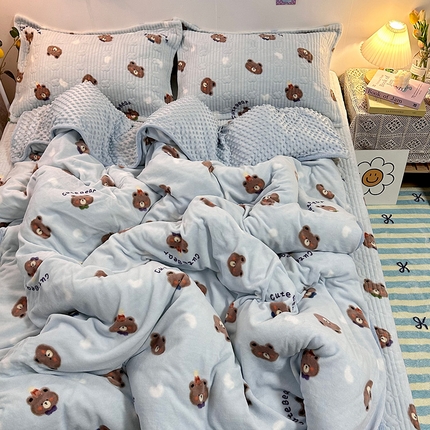 慕晨 2024新款高克重A类牛奶绒印花豆豆绒夹棉单床盖三件被套四件套 梦幻熊