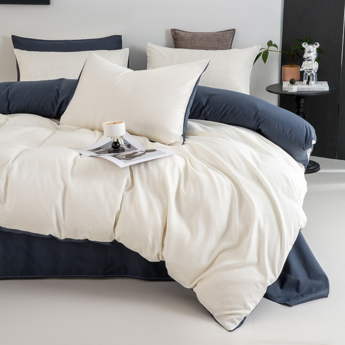 91家纺网 家纺一手货源 找家纺 乐沐家纺 2024新款纯色磨毛水洗棉四件套 白蓝灰