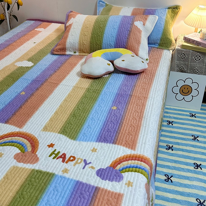 91家纺网 家纺一手货源 找家纺 慕晨 2024新款高克重A类牛奶绒印花豆豆绒夹棉单床盖三件被套四件套 彩虹世界