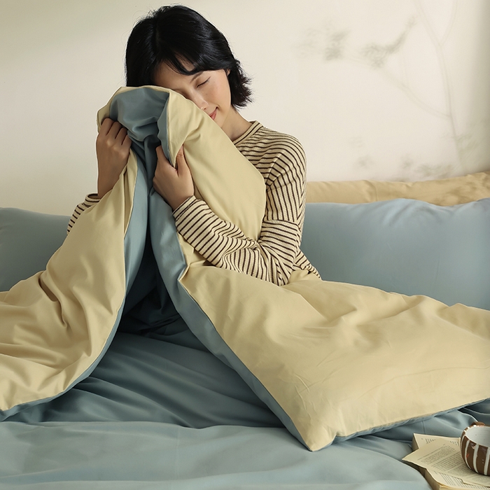 91家纺网 家纺一手货源 找家纺 轩和家居 2024新款50S长绒棉磨毛单被套 灰蓝+透明黄