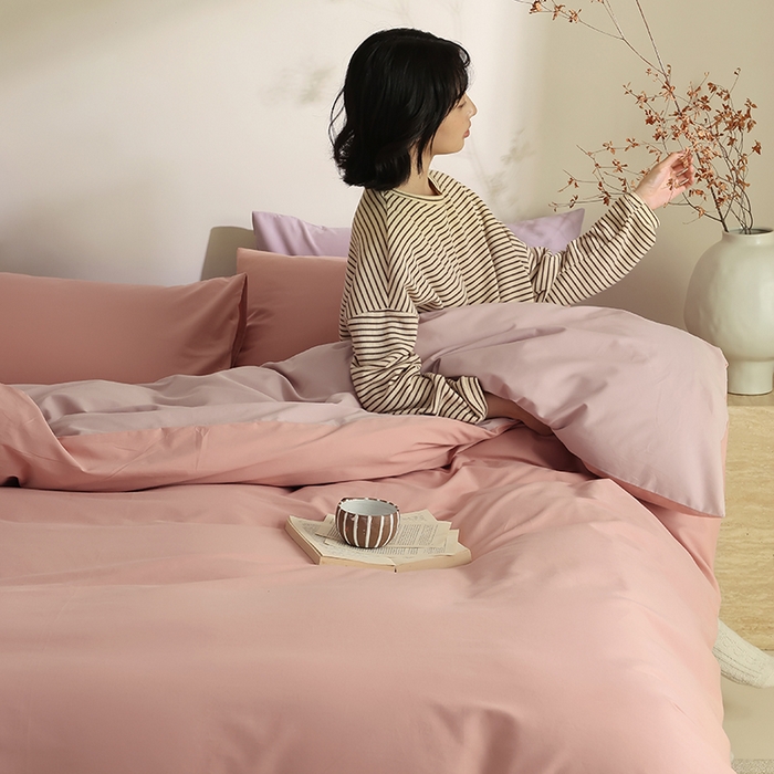 91家纺网 家纺一手货源 找家纺 轩和家居 2024新款50S长绒棉磨毛单被套 深粉+丁香色