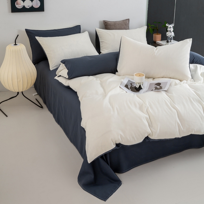 91家纺网 家纺一手货源 找家纺 乐沐家纺 2024新款纯色磨毛水洗棉四件套 白蓝灰