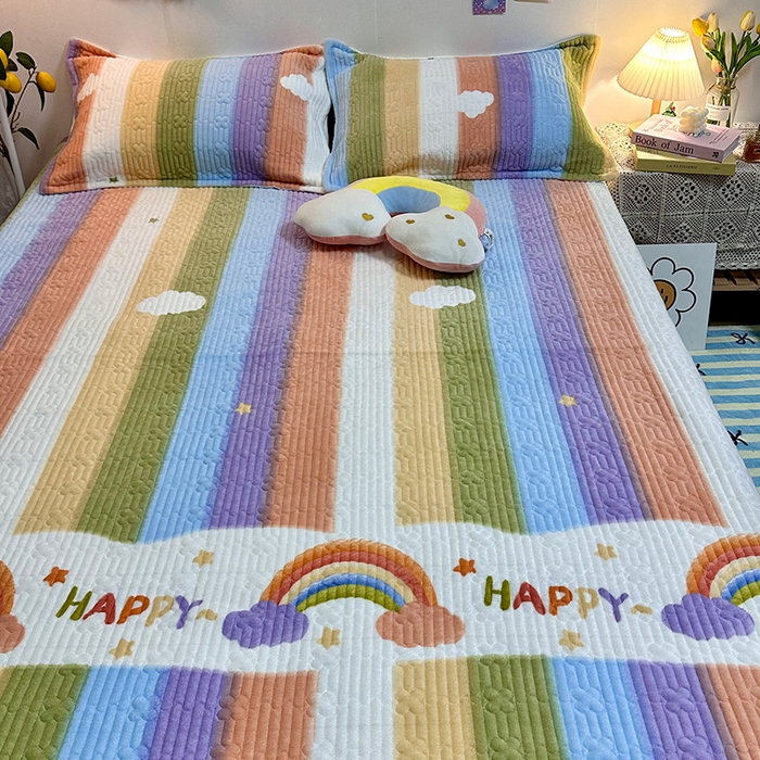 91家纺网 家纺一手货源 找家纺 慕晨 2024新款高克重A类牛奶绒印花豆豆绒夹棉单床盖三件被套四件套 彩虹世界