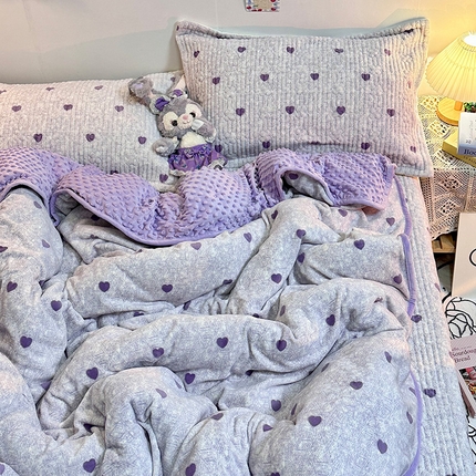 慕晨 2024新款高克重A类牛奶绒印花豆豆绒夹棉单床盖三件被套四件套 紫色爱心
