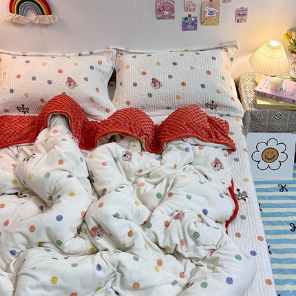 慕晨 2024新款高克重A类牛奶绒印花豆豆绒夹棉单床盖三件被套四件套 彩色波点狗