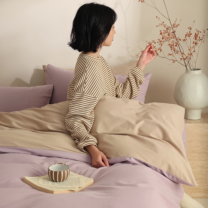 91家纺网 家纺一手货源 找家纺 轩和家居 2024新款50S长绒棉磨毛单被套 雅紫+摩卡