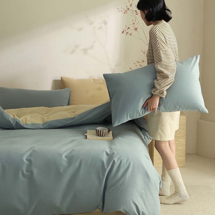 91家纺网 家纺一手货源 找家纺 轩和家居 2024新款50S长绒棉磨毛单被套 灰蓝+透明黄