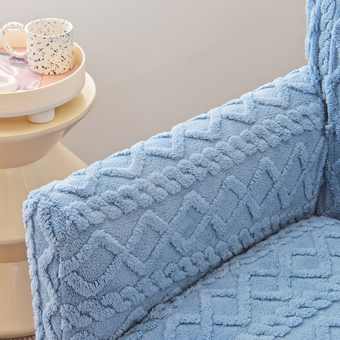 91家纺网 家纺一手货源 找家纺 启博家纺 2024新款简约提花绒单人沙发椅罩 天蓝