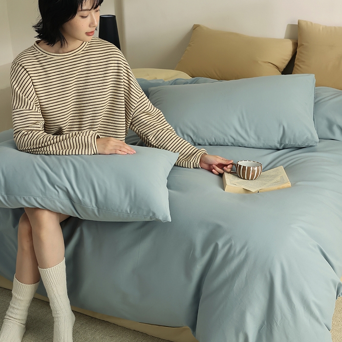 91家纺网 家纺一手货源 找家纺 轩和家居 2024新款50S长绒棉磨毛单被套 灰蓝+透明黄