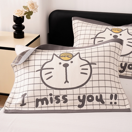 91家纺网 家纺一手货源 找家纺 棠薇家纺 2025新款加厚枕巾全棉纱布枕巾纯棉一对装枕头巾八层纱布枕巾 52*78±2cm 好奇猫