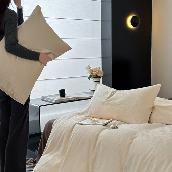 91家纺网 家纺一手货源 找家纺 梦享生活家居 2024新款全棉肌理纹系列四件套-素写 素写-奶白+咖