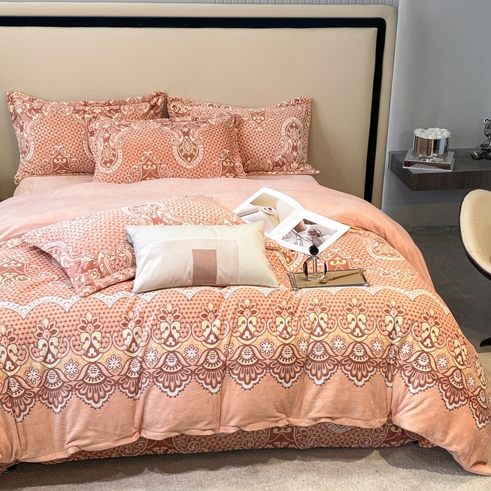 91家纺网 家纺一手货源 找家纺 金喜 2024新款加厚保暖230克高克重牛奶绒四件套雕花绒四件套-牛奶绒雕花系列 波西米亚